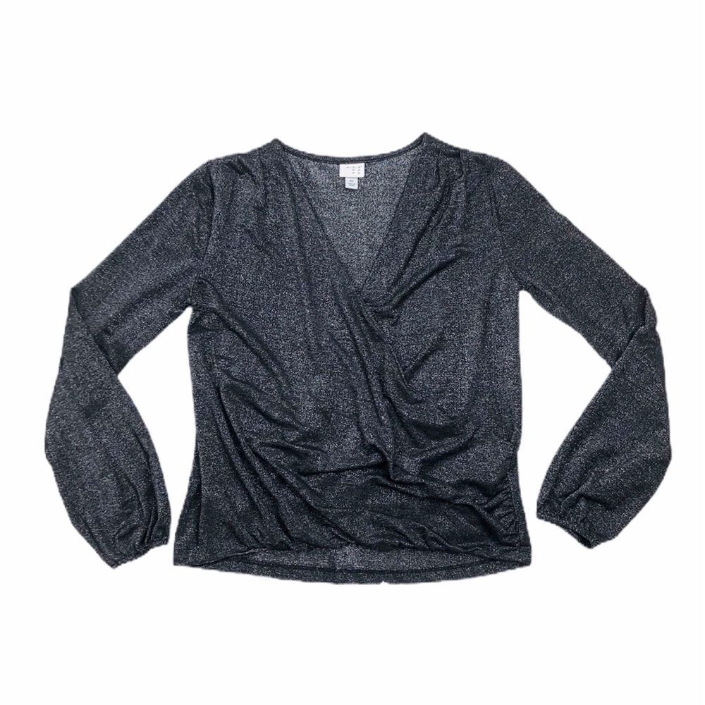 A New Day Black Silver Metallic Draped Wrap Long Sleeve Top Deep V-Neck Size XS